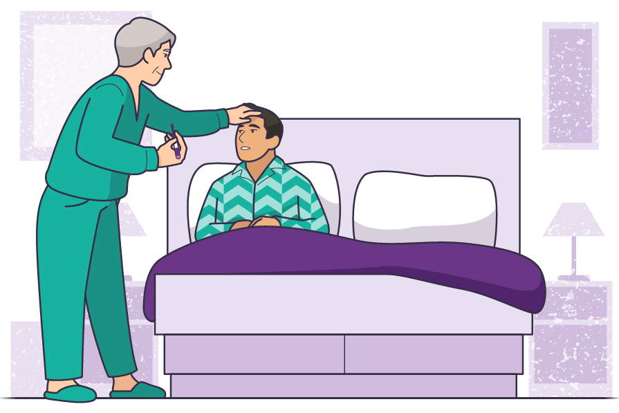 A caregiver closely monitoring a patient while the patient recovers at home.