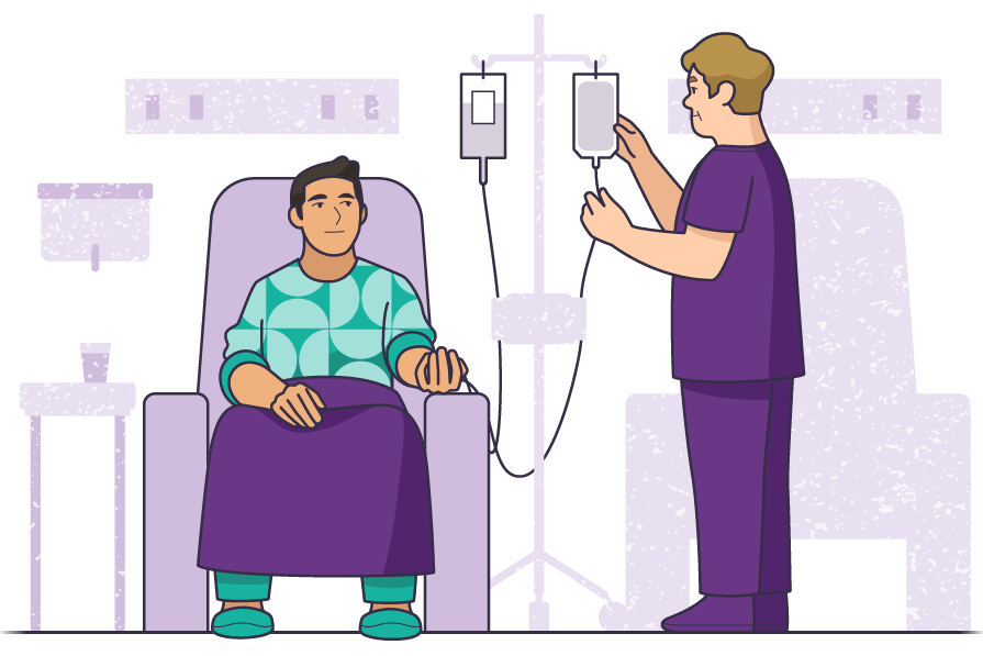 Patient receiving low-dose-chemotherapy at certified treatment center.