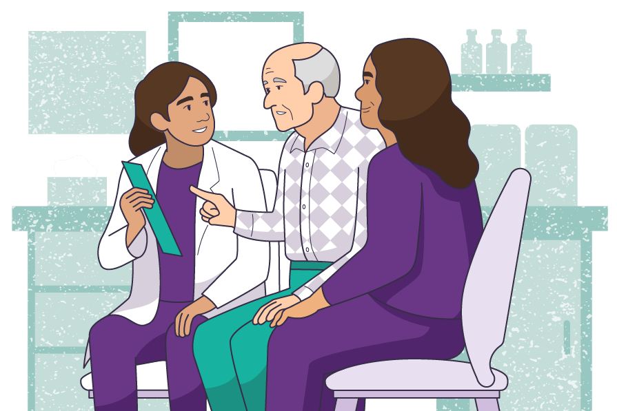 Two individuals and a medical professional looking at a tablet.