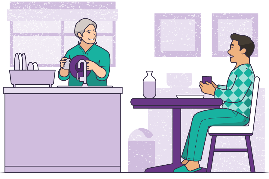 A patient recovering at home after treatment with continued caregiver support.
